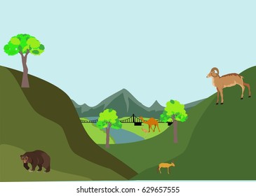 Flat vector illustration of nature, hills and mountain with animals