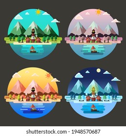 flat vector illustration of nature landscape of 4 seasons