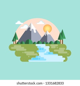 Flat vector illustration nature mountain water river and tree landscape summer camp concept 