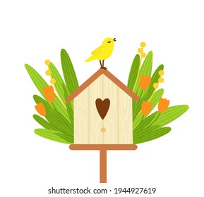 Flat vector illustration with nesting box with cute little bird. Vector composition with wooden birdhouse, orange flowers, green leaves, yellow bird. Spring composition.