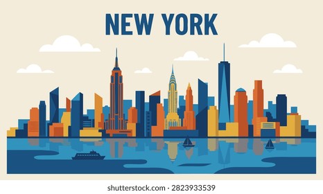A flat vector illustration of the New York City skyline featuring iconic skyscrapers, water reflections, and clouds against a light background.