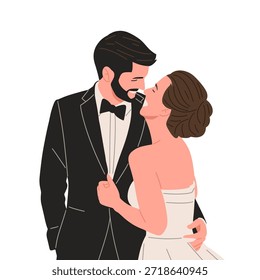 Flache Vektorgrafik von frisch vermählten Paaren, die elegante Hochzeitskleider und Anzüge tragen. Konzept der Ehe, Hochzeitszeremonie, Romantik, Liebesgeschichte, Verlobung, Feier und glückliche paar Momente einzeln auf weißem Hintergrund.