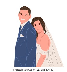 Flache Vektorgrafik von frisch vermählten Paaren, die elegante Hochzeitskleider und Anzüge tragen. Konzept der Ehe, Hochzeitszeremonie, Romantik, Liebesgeschichte, Verlobung, Feier und glückliche paar Momente einzeln auf weißem Hintergrund.
