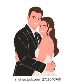 Flat vector illustration of newlywed couples wearing elegant wedding dresses and suits. Concept of marriage, wedding ceremony, romance, love story, engagement, celebration, and happy couple moments isolated on white background.