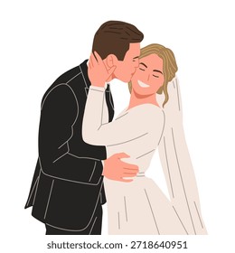 Flat vector illustration of newlywed couples wearing elegant wedding dresses and suits. Concept of marriage, wedding ceremony, romance, love story, engagement, celebration, and happy couple moments isolated on white background.