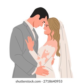 Flache Vektorgrafik von frisch vermählten Paaren, die elegante Hochzeitskleider und Anzüge tragen. Konzept der Ehe, Hochzeitszeremonie, Romantik, Liebesgeschichte, Verlobung, Feier und glückliche paar Momente einzeln auf weißem Hintergrund.