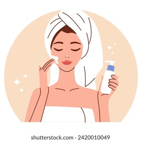 Ilustración vectorial plana. Buena mujer después de ducharse, con toalla, puede crema en la cara. Concepto de autocuidado y amor propio 
