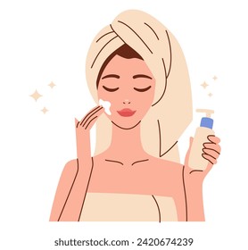 Ilustración vectorial plana. Buena mujer después de ducharse, con toalla, puede crema en la cara. Concepto de autocuidado y amor propio 