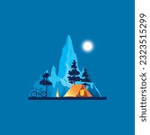 Flat vector illustration of a night camping in the mountains, square banner with copy space