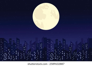 Flat vector illustration of a night city with moon and stars