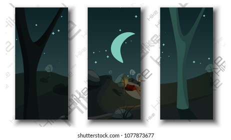 Flat vector illustration with night landscape. Camping in moon light with camp fire. Long shadows tree rock green grass. Simple modern style. Yellow tent. Adventure template cartoon wallpaper