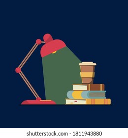 Flat vector illustration: night learning concept. Lamp at night. Concept of the night before the exam.