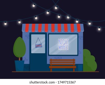 Ilustración vectorial plana: mercado nocturno, festival de verano.
