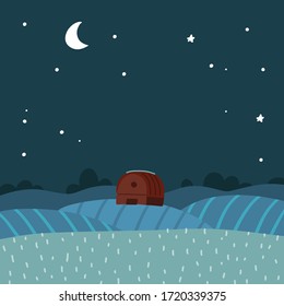 Flat Vector illustration of night over rural, farm landscape. Background with stars and moon in the sky