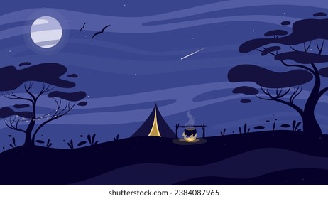 flat vector illustration of night rest, camping, night sky, moon, moonlight on water, mountain lake, starry sky, camping tent, campfire