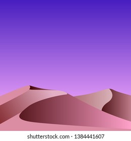 Flat vector illustration of night sand in the desert with purple sky and space for text. Template for banners and your design.