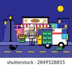 Flat vector illustration: Night shift baker loading trays of warm bread into a delivery van before dawn