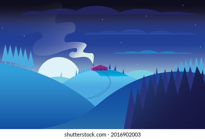 Ilustración vectorial plana de un paisaje nocturno de invierno con casa roja en la cima de una montaña con chimenea humeante. Un paisaje minimalista.