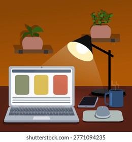 Flat vector illustration of night workspace with laptop showing interface, coffee cup, desk lamp, smartphone and plant. Productivity and remote work concept for working late, focus and digital tasks.