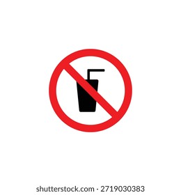 Flache Vektorgrafik eines No-Drink-Zeichens, das ein schwarzes Getränkeglas mit Stroh zeigt, das von einem roten Verbotskreis durchzogen wird. Klare Warnzeichen für Beschränkungen, Verbote, Sicherheitsvorschriften oder verbotenen Getränkebereich.