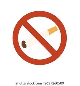 Flat vector illustration of no smoking sign with cigarette and red prohibition circle. Clean and simple design for health awareness campaigns and public safety.
