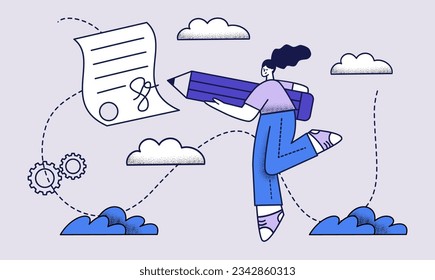 Ilustración vectorial plana con ruido en estilo moderno de moda. Chica con lápiz grande firma un contrato. 