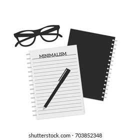 Flat vector illustration of notepad, pen and glasses laying on a table. Flatlay minimalistic design on white isolated background.