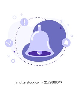 Flat vector illustration of notification bell icon on abstract background. Advertising concept, new message, alarm clock, notification, alert and announcement. Can be used for web banner, website, app