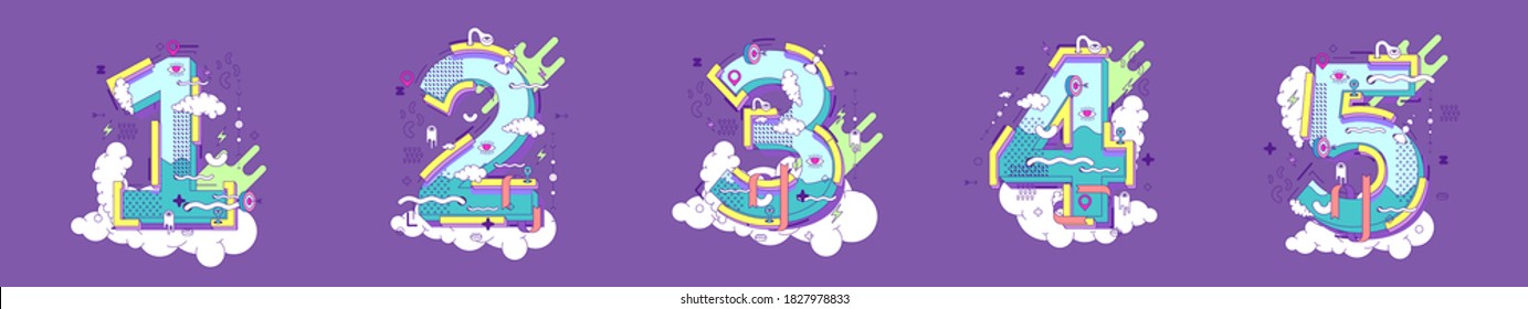 Flat vector illustration. Numbers 1,2,3,4,5 illustration in doodle style.