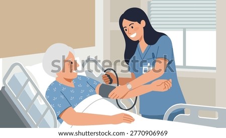 Flat vector illustration of a nurse measuring the blood pressure of an elderly patient lying in a hospital bed. The scene represents healthcare, medical care, senior support, and caregiving in a clinical environment. Ideal for topics related to nursing, elderly care, hospital services, wellness, and patient monitoring.