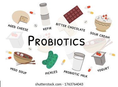 Flat vector illustration of nutrient rich food, aged cheese, kefir, bitter chocolate, sour cream, miso soup, pickles, milk, yogurt. Probiotic products. Sources of good bacteria.