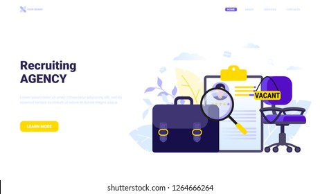 Flat vector illustration: office chair with table "vacancy", cv, and briefcase with floral elements. Website template for recruiting agency, web banner, landing page concept. 