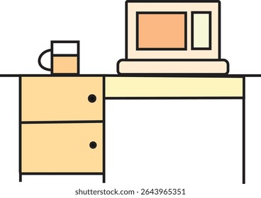 Flat Vector Illustration of Office Desk with Computer and Coffee Mug – Minimalist Workplace Icon for Productivity Themes