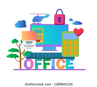 Flat vector illustration, office devices colored web graphic design banner
