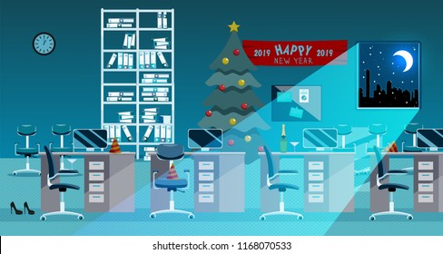 Flat vector illustration office room interior at new year night. Open space without people. Order on tables, document folders, turquoise moon light, christmas tree, file rack with documents, clock