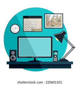 Flat vector illustration with office things, equipment. Vector