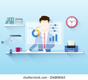 Flat vector illustration of office worker using computer