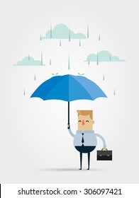 Flat Vector Illustration: Office Worker with Umbrella Standing Under the Rain