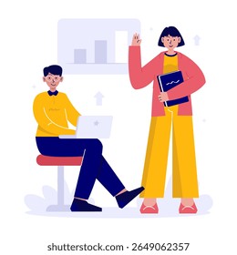 Ilustración vectorial plana de oficinistas en colaboración de trabajo en equipo y comunicación sobre presentación de informes de negocio