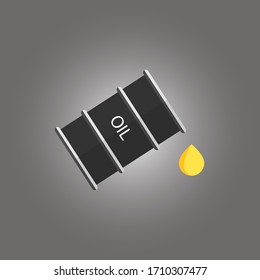 Flat vector illustration of oil barrel with symbol on grey background.  Cask and oil, gasoline, petrol, benzine symbol.