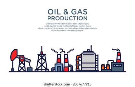 Ilustración vectorial plana de la planta de fabricación de petróleo y gas. Adecuado para el diseño de elementos de la fábrica de energía y energía, el proceso de refinería de petróleo y gas y la industria petroquímica.