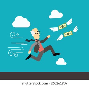 Flat vector illustration of old businessman with glasses, who run for the money on sky background