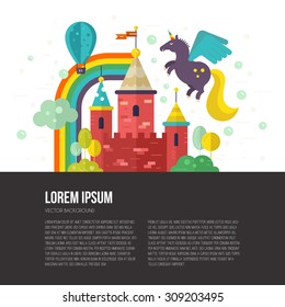 Flat vector illustration of old castle with unicorn, trees, rainbow. Imagination and creative thinking concept.