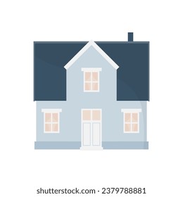 Flat vector illustration of old european house with roof, windows and door. In blue tones, sea house. Building exterior on isolated white background.	