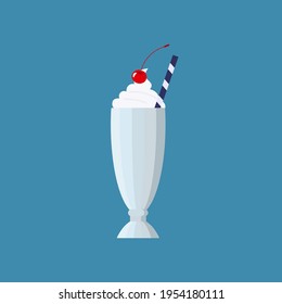 Flat vector illustration of old fashioned milkshake cocktail with whipped cream and cherry on top. Isolated.