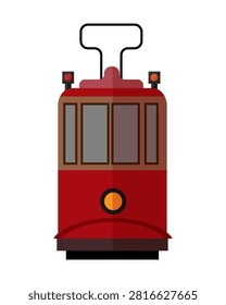 Flat vector illustration of an old fashioned red tram car. Retro city public transport icon isolated on white background.