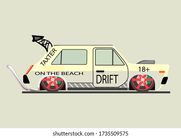 Ilustración vectorial plana de un viejo coche deportivo. varilla retro caliente aislada sobre un fondo claro. Cool coche para carreras callejeras con un gran colector de escape.