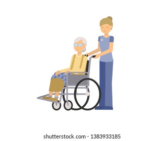 Flat vector illustration of old woman grandmother disabled in wheelchair and nurse isolated on white background.