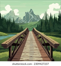 ilustración vectorial plana del antiguo puente de madera en los parques nacionales. 