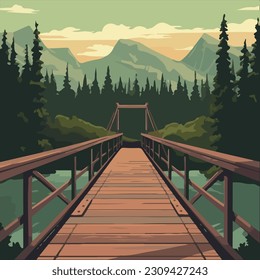 flat vector illustration of old wooden plank bridge in national parks forest. 